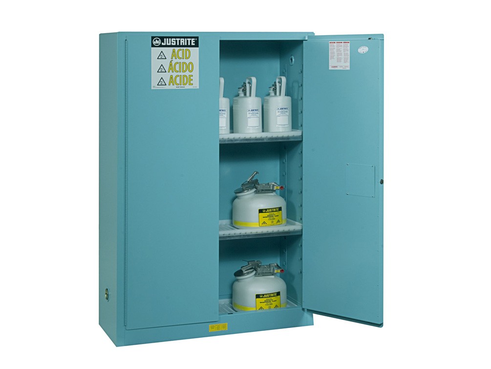 Justrite Sure-GripÂ® EX Corrosives/Acid Steel Safety Cabinet, 30 Gallon, 2 Self-Close Doors, Blue