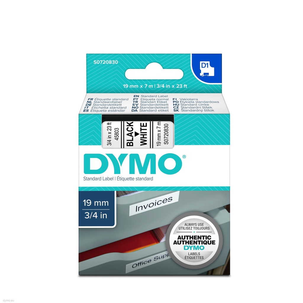 D1 Standard Labels 19mm x 3mtr- Black on White 45803 / S0720830 - DYMO