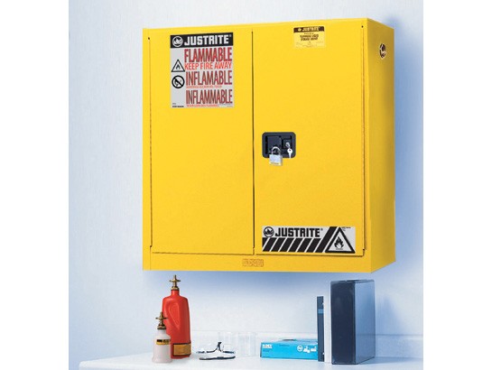 Justrite Sure-Grip® EX Wall Mount Flammable Safety Cabinet, 20 Gallon, 2 Manual Close Doors, Yellow