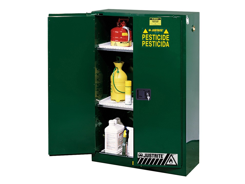 Justrite Sure-Grip® EX Pesticides Safety Cabinet, 60 Gallon, 2 Manual-Close Doors, Green