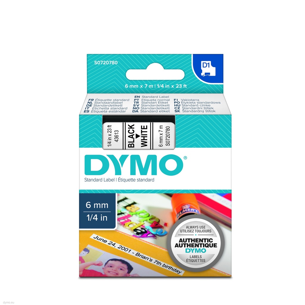 D1 Standard Labels 6mm - 6mm x 7mtr - Black on White - S0720780 - DYMO