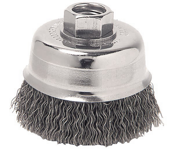 Cup Brush Crimped - T1.4602 - 60 MM DIA - M10 X 1.25 MM Threaded Arbor  - Stainless Steel Wire -0.30 MM - Germany