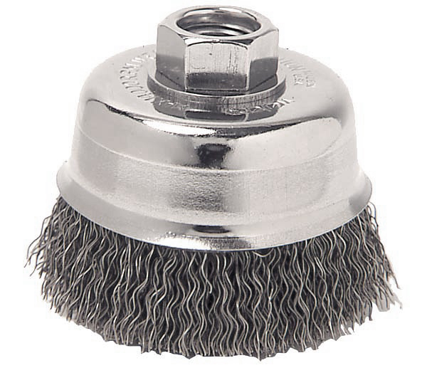 Cup Brush Crimped - T1.4602 - 60 MM DIA - M10 X 1.5 Threaded Arbor - Brass Wire -0.30 MM - Germany